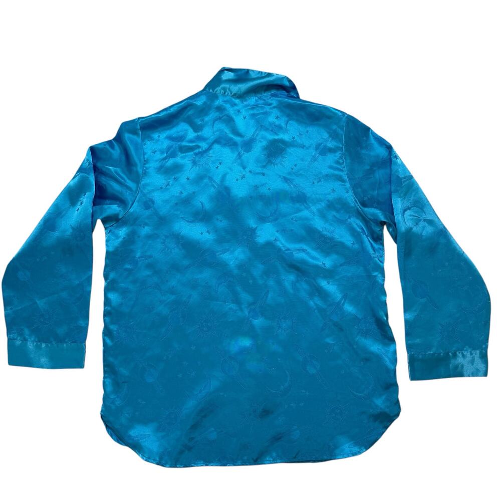 Vintage Blue Satin Celestial Blouse Size Medium Women Moon Stars Sun Planets - Picture 6 of 10